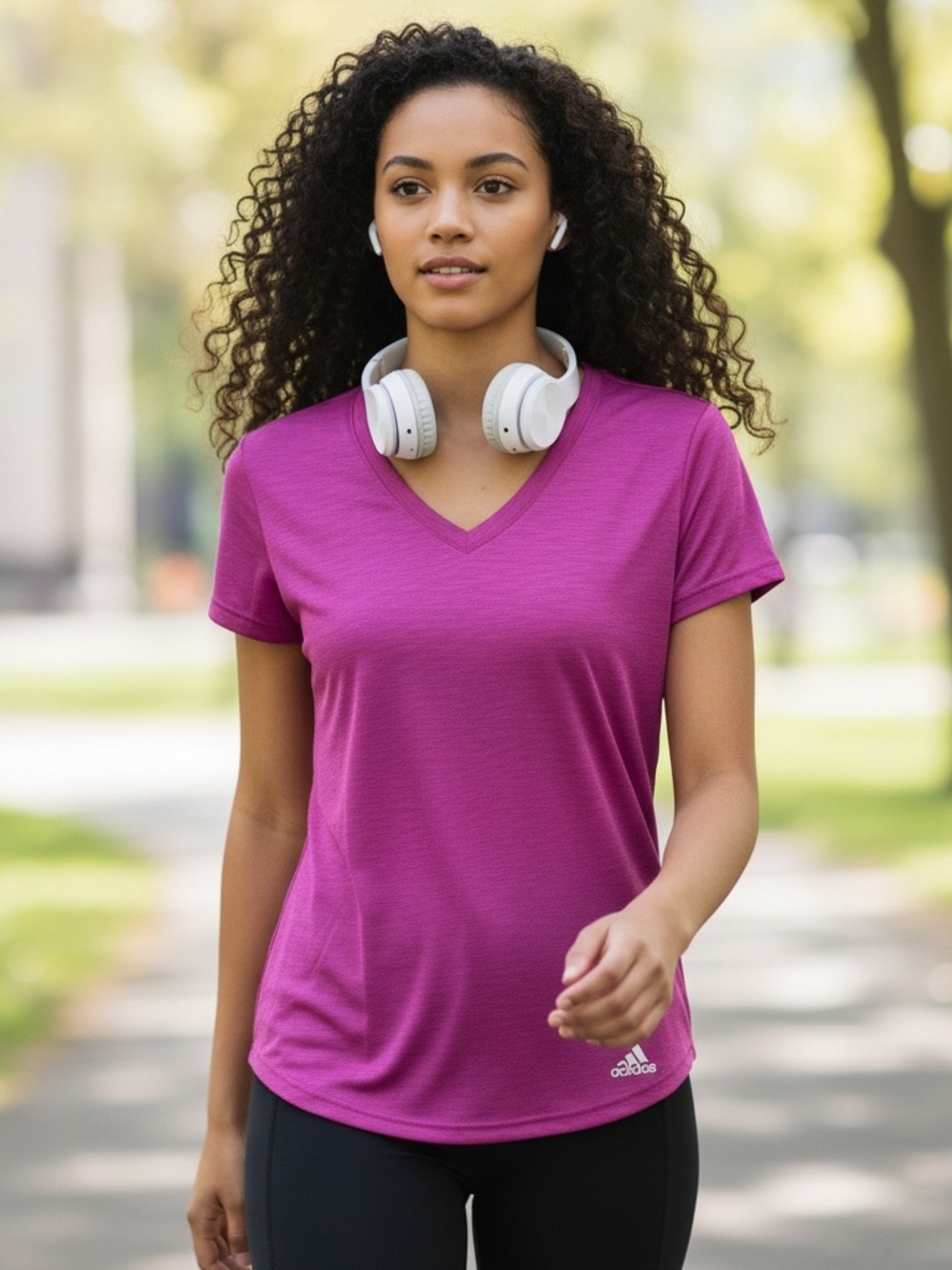adidas Women's Short-Sleeve V-Neck Tee in Magenta